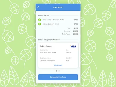 Plant-Based Checkout Form checkout credit card creditcard illustration leaf plants purchase ui vector vine