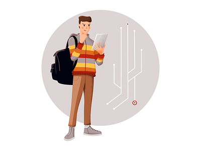 Trip Planning 2d app application autumn backpack boy character digital entertainment freelance illustration man map modern planning standing tablet thinking travel trip