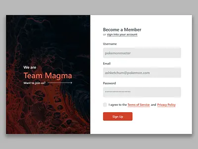 Team Magma Sign Up designer flat minimal pokemon signup team magma typography ui uidesign uiux ux uxdesign web design website