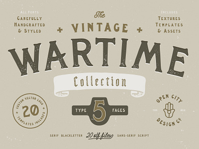 THE WARTIME COLLECTION branding collection design font hand drawn illustration labels logo patches poster art templates texture typography vector vintage wartime