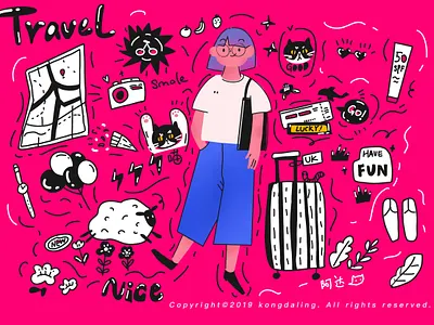 Travel girl adventures art cat character girl holiday illustration landscape leaf line pattern travel typography vacation