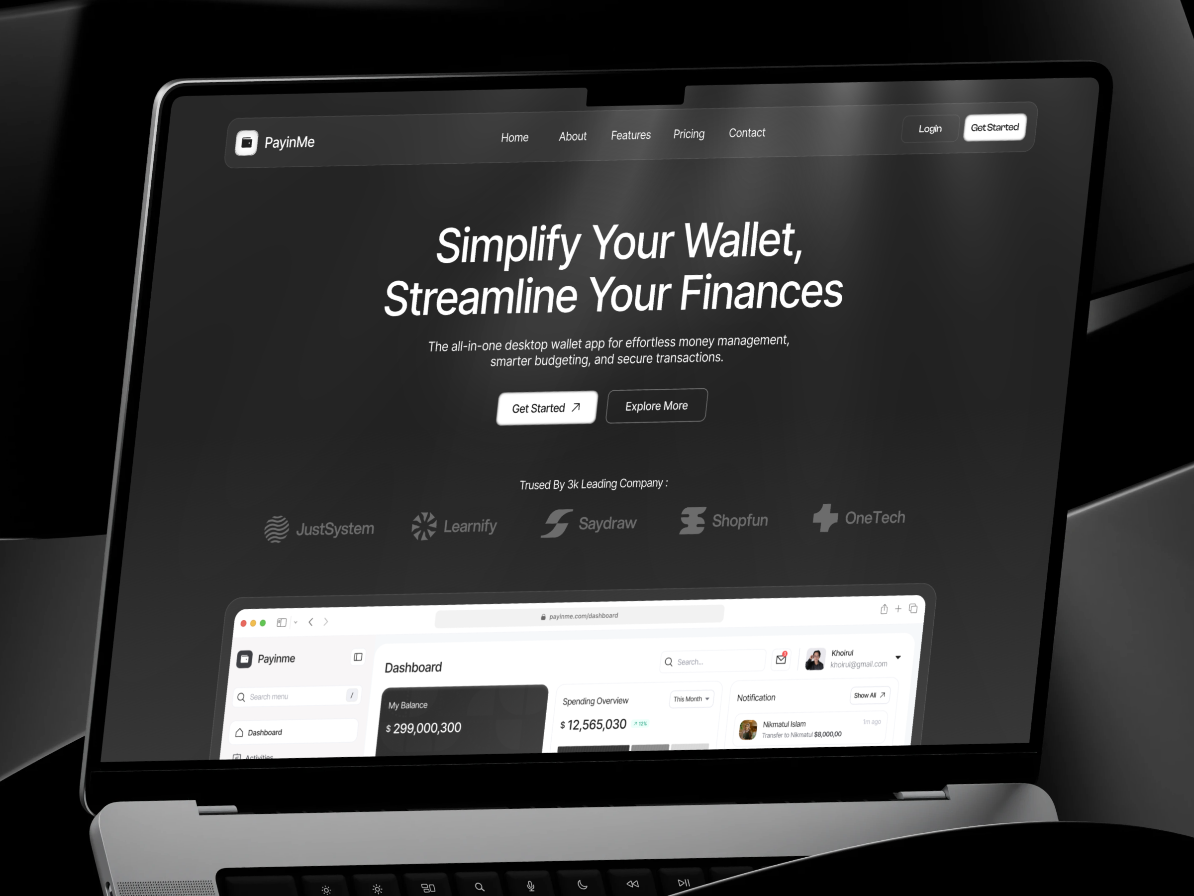 Payinme Personal Wallet Dashboard - Saas Finance Lading Page 10am studio dashboard digital wallet finance integration key features landing page money money management payment app personal wallet responsive responsive design saas saas dashboard ui design ux design wallet management web design website
