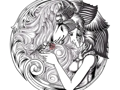 Flower for an Old Friend animal bird drawing illustration line art line drawing monochrome people wolf