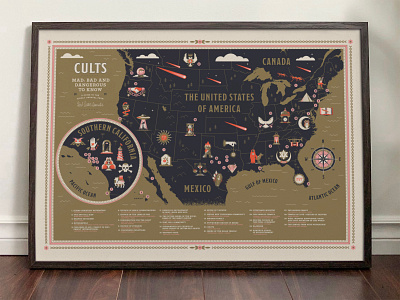 Cults Map Print canada community compass country cult design frame gathering guide interior landscape map mexico ocean picture poster print reference skull