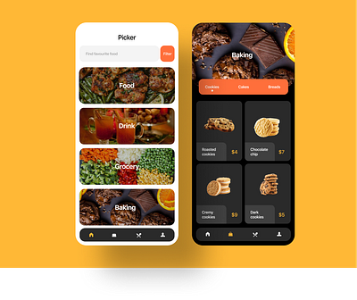 Picker app animation black business cards clean design effect food food app grid icons illustration ios landing page list mobile order page screen website