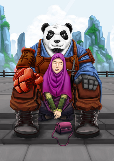 vacation with mr,panda cartoons character concept concept art digital imaging digitalart digitalpaiting dreamworks fable fantasy girl hijab illustraion marvel panda panda bear pandas pho sword ukhti warner bros