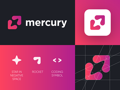 Mercury - Logo Design Concept app branding coding code development dev for sale unused buy gradient grid identity leading logo logo design logo designer logotype media tech digital planet cosmos software space star space rocket symbol visual identity