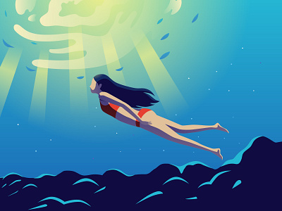 Floating in beautiful natural ocean diving floating girl illustration ocean women