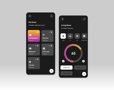 Smart Home app - Dark mode app appdesign application black dailyui dark app dark mode dark ui darktheme design design challenge minimal app design mobile app mobile app design mobile ui smart home smarthome smarthomeapp ui design uidesign