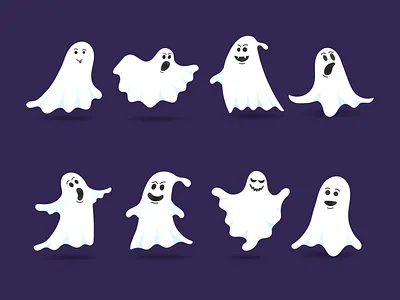 8 cute ghost characters flat style design vector illustration autumn book creepy friendly ghost halloween haunted horror set