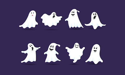 8 cute ghost characters flat style design vector illustration autumn book creepy friendly ghost halloween haunted horror set