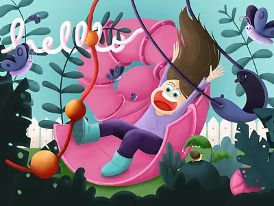 Hello Dribbble! colorful debut design excitement happiness illustration nature plants playful procreate slider swing