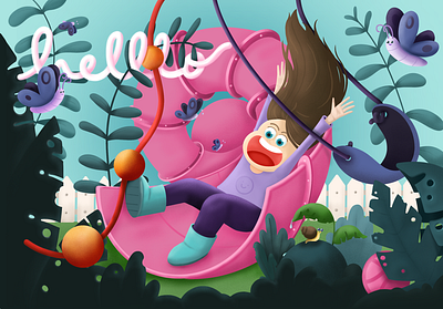 Hello Dribbble! colorful debut design excitement happiness illustration nature plants playful procreate slider swing