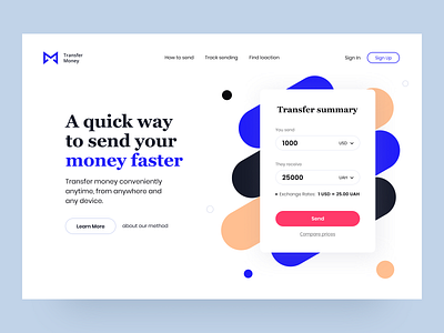 MoneyTransfer - Hero section finance fintech landing page main online payments send service transaction transfer ui ux web