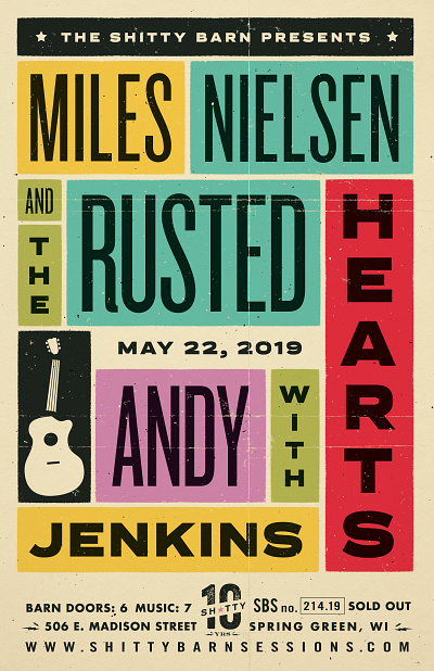 Miles Nielsen and The Rusted Hearts + Andy Jenkins - SBS 214.19 block printing gig gig poster guitar music poster screenprint shitty barn shitty barn sessions type typogaphy