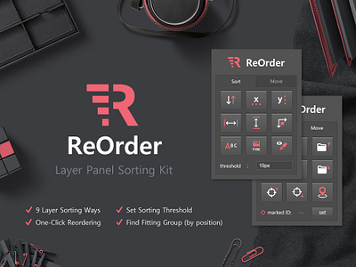 ReOrder - Layer Panel Sorting Kit addon buttons darkui extension flat grey icons interface layers organization panel photoshop pink reorder reordering tab tabs ui uiux zxp