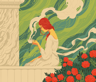 Abide abide art balcony design flower illustration nature tea woman