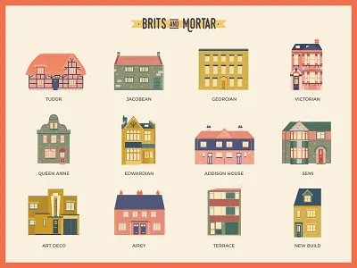 Brits and Mortar - All houses architecture building buildings drawing england green houses pink postcards posters uk vector vectorial illustration yellow