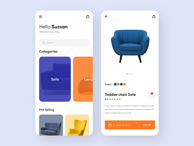 Mobile App - Online Store app bold color clean e commerce e shop ecommerce furniture store illustration ios minimal modern product shop shopping app shopping cart sofa store app trendy ui ux