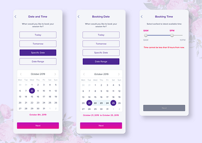 Appointment Booking Flow app appdesign appointment booking calendar design interaction ios iphonex pattern slider ui userexperience userinterface ux