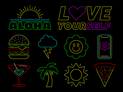 Icon Set in Colour aloha burger design flat flower icon icon design illustration ios iphone love love yourself martini neon palm tree pizza simple smiley sun vector