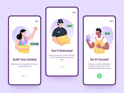 Three icons character delivery easy icon illustration installation onboarding system ui ux web