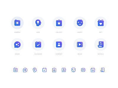 Application icon app blue branding camera clean contact gift icons idea illustration logo movie outline share ui ux