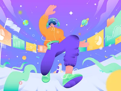 Running Your Business business character character design design flat design flat illustration galaxy gradient header illustration management purple running space spaceman stars task management ui vector website