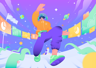 Running Your Business business character character design design flat design flat illustration galaxy gradient header illustration management purple running space spaceman stars task management ui vector website