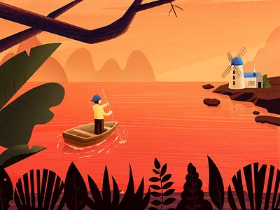 To the Island boat illustration island plant sea windmill wood