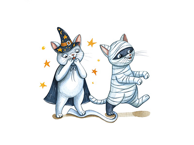 Halloween party II animal cat cats childrens illustration cute draw fun funny halloween halloween design halloween party illustration mummy pet pets star watercolor watercolor art witch