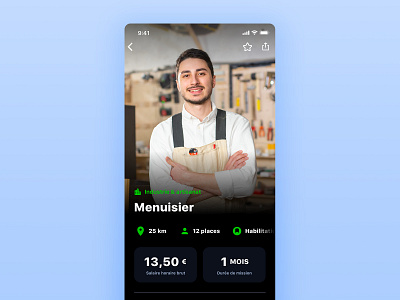 iziwork app MissionDetailIteration app branding card dark dark mode design duration flat lean mission photo salary ui worker