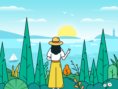 Hello Dribbble-Watching the sunrise girl illustration logo sea sence sunrise