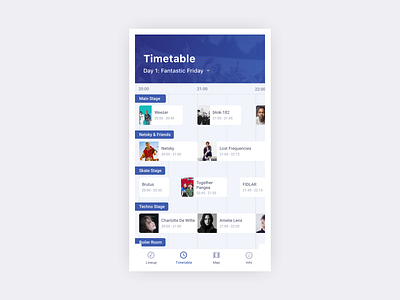 Festival Mobile App app cards grid icon interface lineup mobile schedule tab bar timetable ui