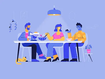 Dinner party cat character dinner food friends illustration party patswerk plant restaurant table texture vector woman