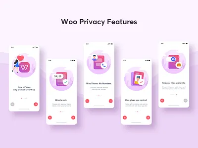 Woo (Dating App) Privacy Features for women clean color dating elegant illustration mobile design sketch typography ui vector