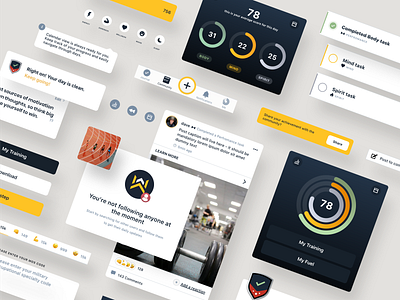 Personal Performance App / UI Elements activity ring app branding button clean dashboard design emoji set fitness app icons illustration ios minimalist performance slider social media app ui ux whitespace yellow