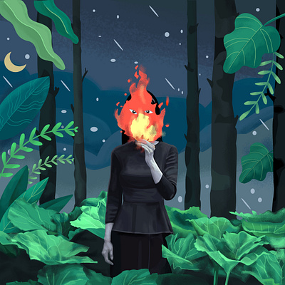Forest Spirit bloom dark eyes face fire flowers forest girl green illustration leaves life myth night plant portrait sky spirit tree twilight