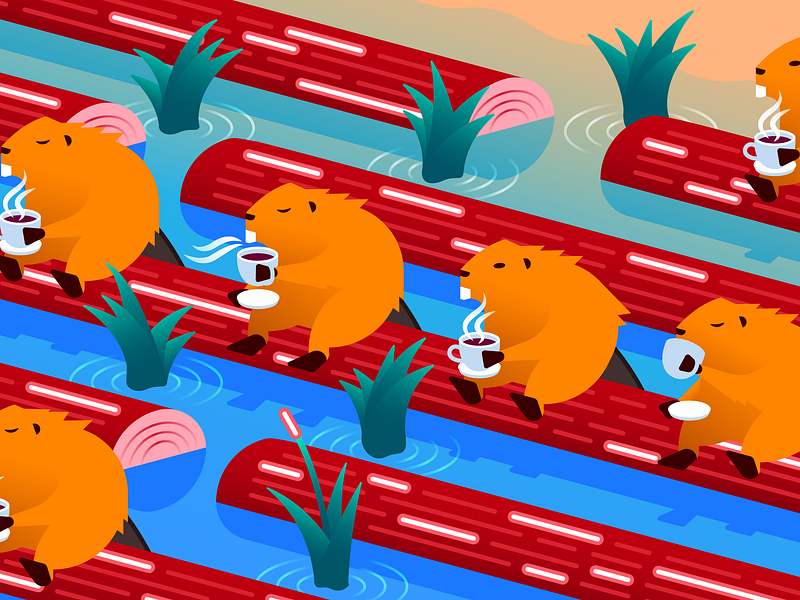 Java atop a Log apm beaver break busy coffee gradient guide illustration illustrator isometric language logging logs metrics monitoring programming river traces vector