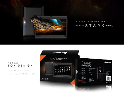 Box and Advertising Banner design for STARK Tablet adobe ilustrator adobe photoshop advertising agency artwork banner ad banner design box design brand identity facebook add facebook add graphic design instagram add orange packaging design packeging product smartphone social media tablet technology