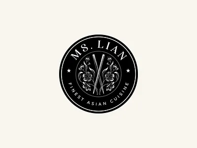 Logo design for Ms.Lian - European/Asian fusion restaurant asian food black ink brand identity branding crosshatch crosshatching hand drawn illustration logo logo design nature restaurant sakura sushi vector