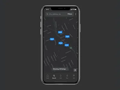 Search | Opendoor App app dark dark mode dark ui design figma home map mobile app opendoor pins product real estate search search bar searching tab bar visual