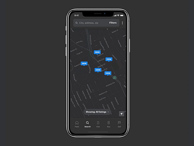 Search | Opendoor App app dark dark mode dark ui design figma home map mobile app opendoor pins product real estate search search bar searching tab bar visual