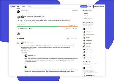 Arguly - debate platform app blue branding dashboard debate discussion ui web
