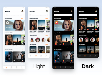 Videos & Documentaries app app design app ui appui dark theme design documentaries light theme motivation play shows tv ui video videos