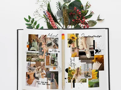 Seasonal moodboard adobe illustrator adobe indisign adobe photoshop autumn editorial design editorial layout flower layout mockup moodboard photo collage summer