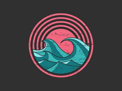 Choppy Waves & Sunset badge circular distressed emblem geometric logo minimal nature ocean pink retro retrowave rough salmon simple surf teal vintage waves