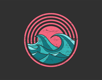 Choppy Waves & Sunset badge circular distressed emblem geometric logo minimal nature ocean pink retro retrowave rough salmon simple surf teal vintage waves