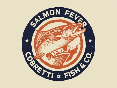 Salmon Fever badge brand cbrt cobretti cobretticlothing fever fish fishing handmade illustration patch retro salmon screen print screenprint silkscreen tshirt twotone vector vintage