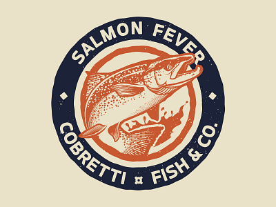 Salmon Fever badge brand cbrt cobretti cobretticlothing fever fish fishing handmade illustration patch retro salmon screen print screenprint silkscreen tshirt twotone vector vintage